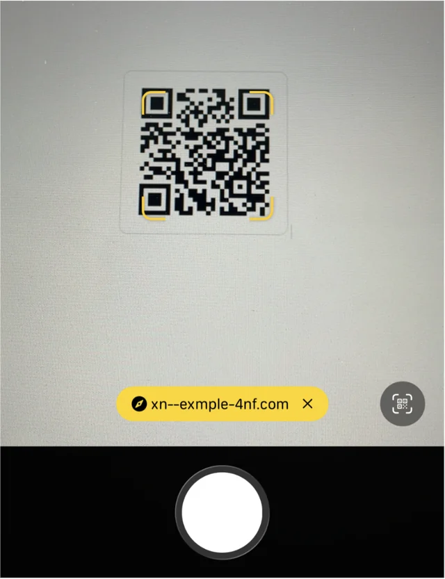 iPhone Camera detecting the QR: a yellow banner shows the raw punycode URL xn--exmple-4nf.com.