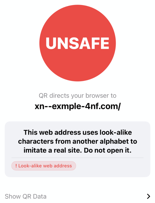 Canary's UNSAFE verdict for the same QR: 'this web address uses look-alike characters from another alphabet to imitate a real site — do not open it', flagged 'look-alike web address'.
